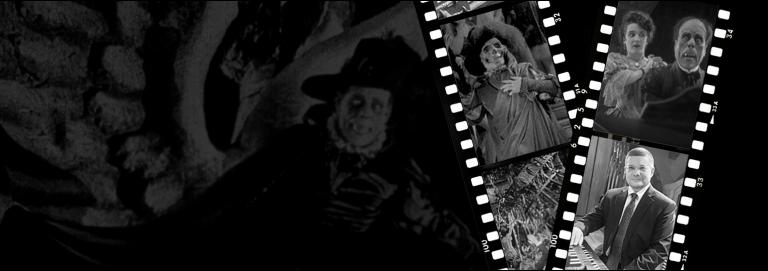 Film stills in a strip of the silent film Phantom of the Opera and organist Aaron David Miller 