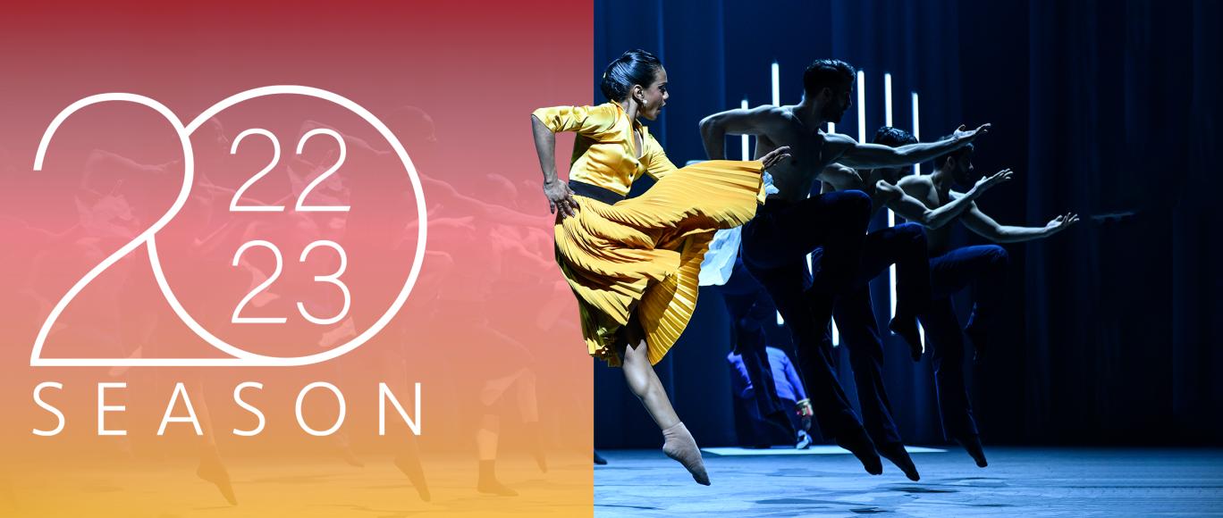 A dancer wearing a yellow dress jumps with pointed toes and an outstretched arm in succession with three other dancers behind her. To the left of the image and large 20 with 22-23 text nside the zero and the word season underneath. The video shows a montage of dancers from the 2022-23 Northrop season events.
