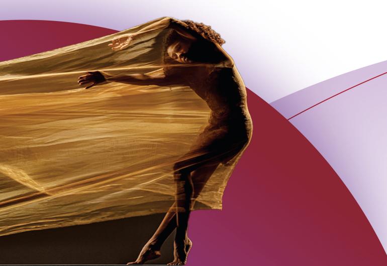 Alonzo King Lines dancer in golden, sheer fabric against maroon and lavender graphic background