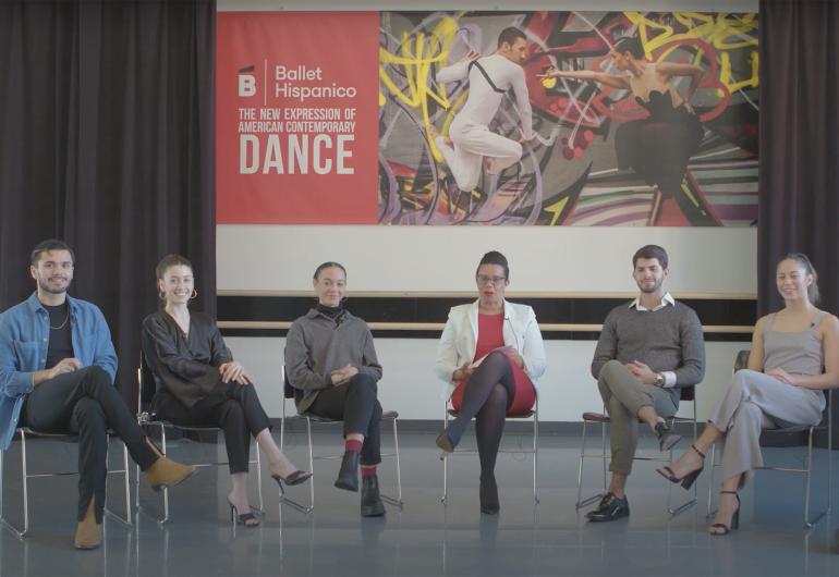 Video begins with text Diálogos: Meet the Dancers and is narrated by Eduardo Vilaro, artistic director and CEO of Ballet Hispanico.