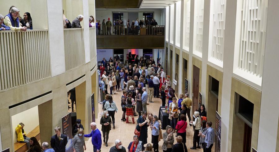Overhead view of a crowded Northrop lobby.