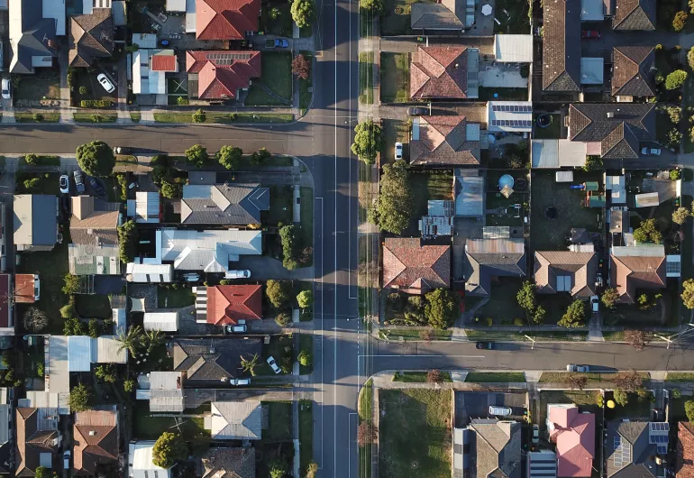 Aerial view of houses in a neighborhood