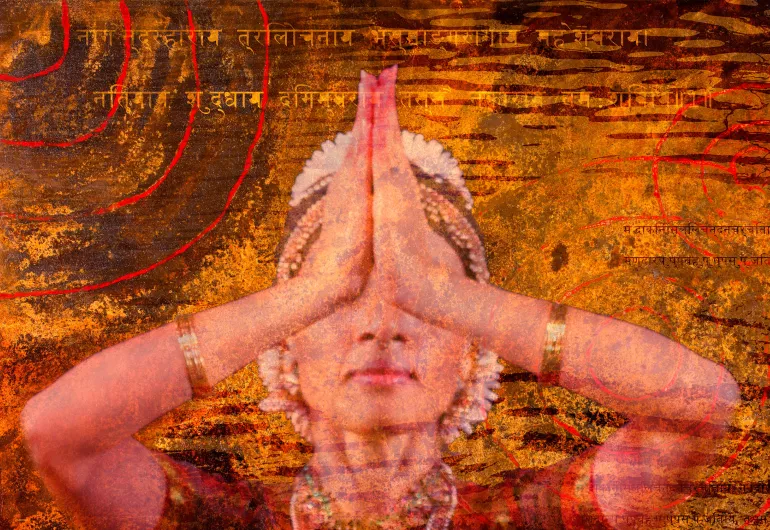 Illustration with script overlaid over image of a woman with her palms pressed together raised over her eyes