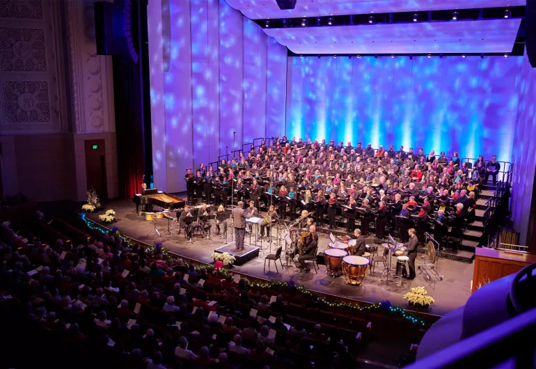 Full VocalEssence choir and musicians on the Northrop stage.