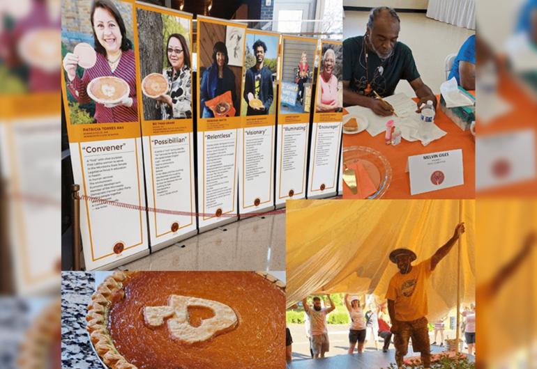 Collage display of testimonials, activities, and sweet potato pies.