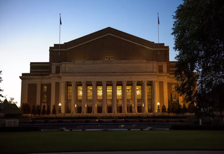 The front facade of Northrop at dusk.