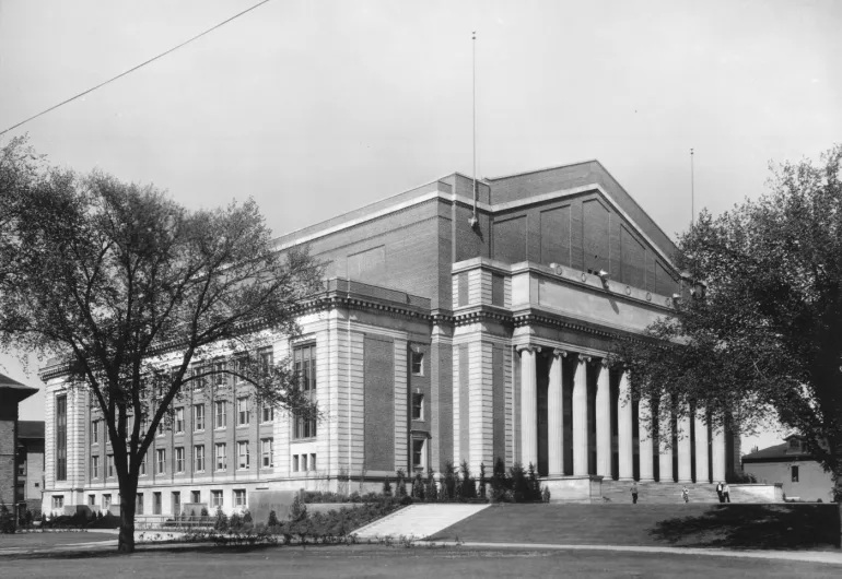 A black and white photo of Northrop's exterior.