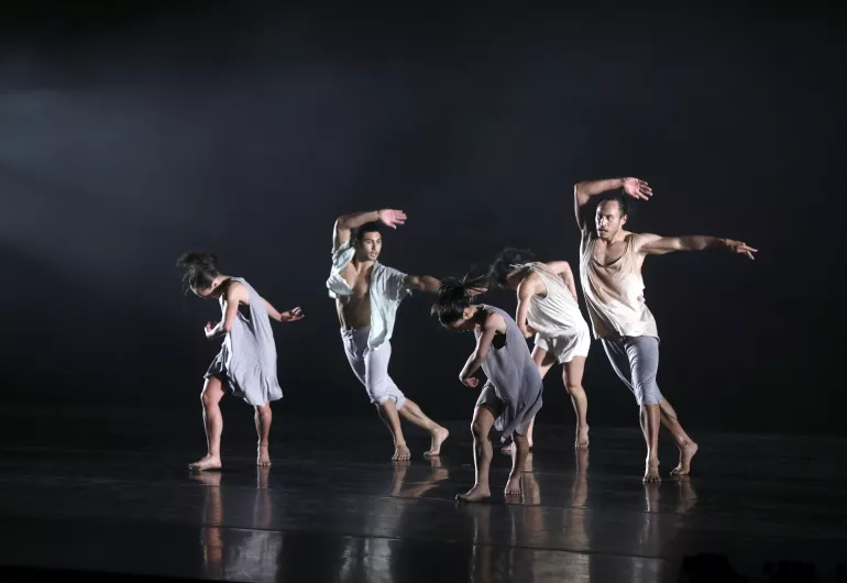 Dancers from Black Grace dance on the Northrop Carlson Family Stage.