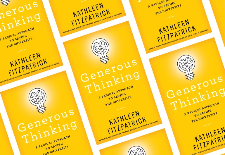 A repeating pattern of yellow books, all with the title, "Generous Thinking" by Kathleen Fitzpatrick.