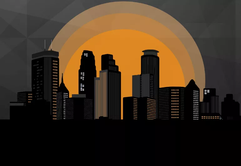 Illustration of the Minneapolis skyline with and orange to black gradient in the background