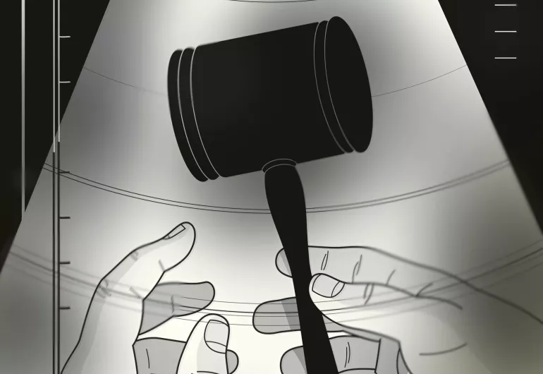 A drawn image of two hands holding a gavel in front of thin-crossed lines which look like a graph. 