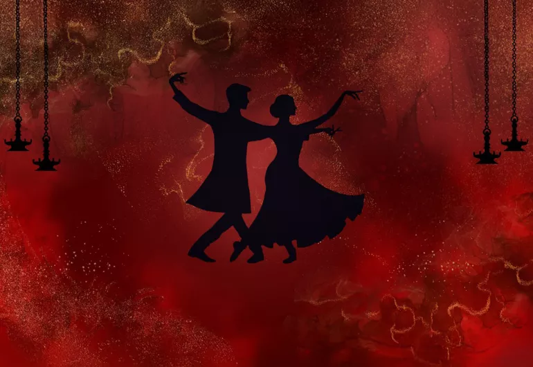 illustration of a silhouette of a couple dancing against a fields of swirling reds and burgandy colors