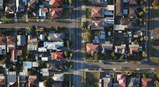 Aerial view of houses in a neighborhood