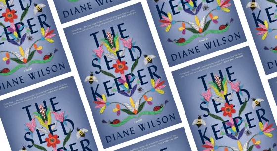 A repeating pattern of books titled "The Seed Keeper" by Diane Wilson, their covers all show drawn images of flowers and bees surrounding the title.