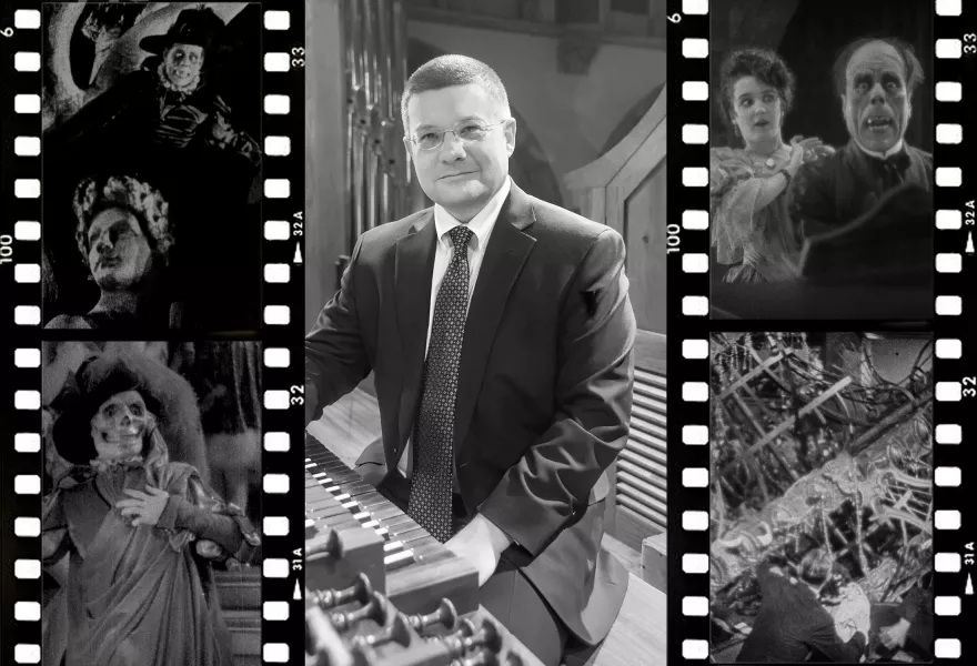 Film stills in a strip of the silent film Phantom of the Opera and organist Aaron David Miller 