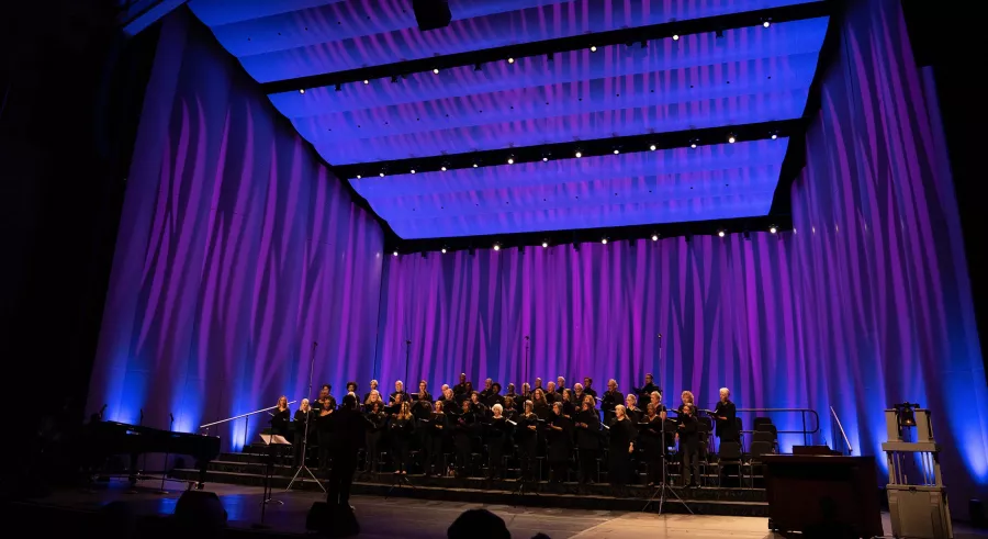 VocalEssence on a lavendar and blue lit stage.